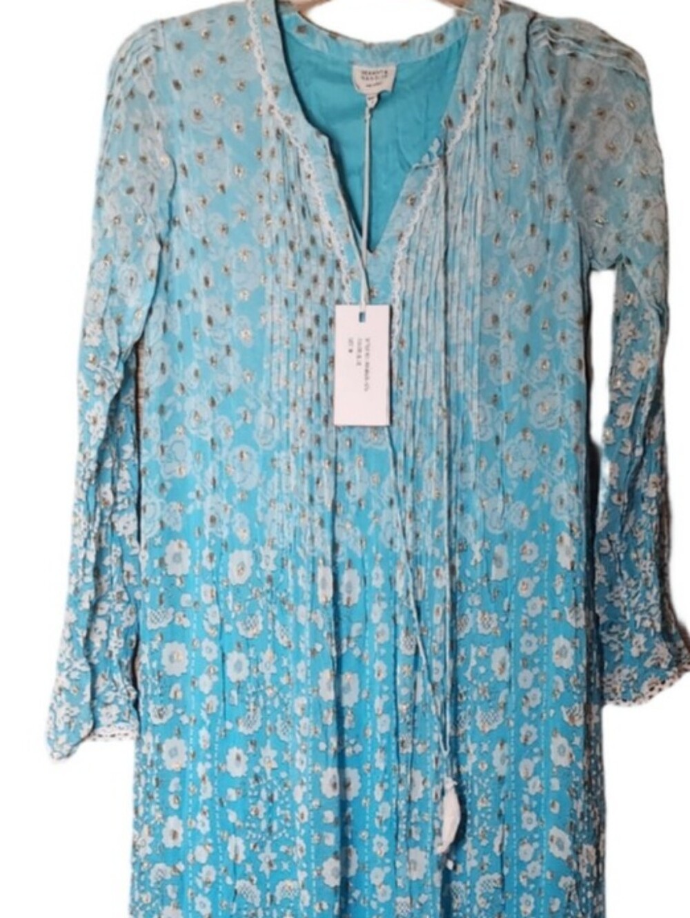 0HEMANT & NANDITA Aqua Blue Mairi Maxi Dress with White Lace Med Nwt - Picture 4 of 10